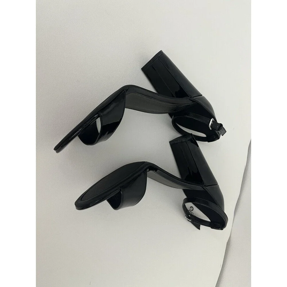 G By Guess Women’s Black Leather Buckle Open Toe Ankle Strap Heels Size 8.5 M